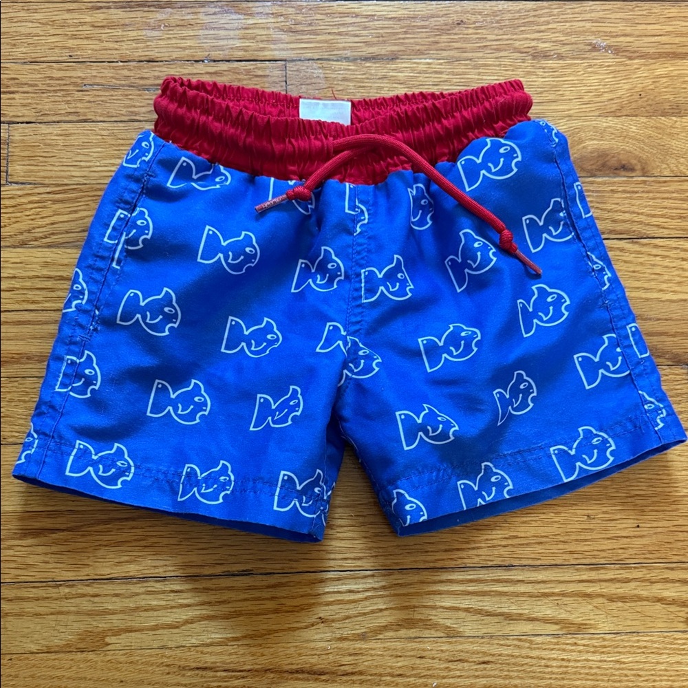 Vibrant Blue Kids' Patterned bathing suit with Red Waistband